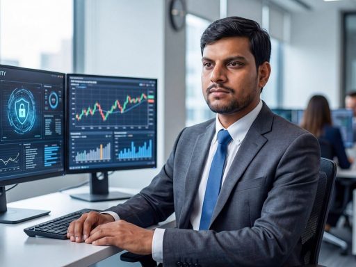 Een cybersecurity professional werkt geconcentreerd achter een laptop met code op het scherm