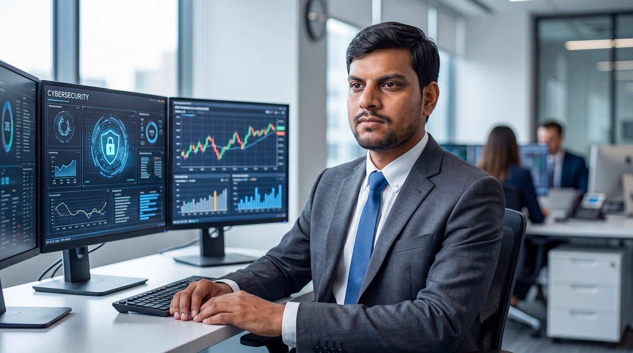 Een cybersecurity professional werkt geconcentreerd achter een laptop met code op het scherm