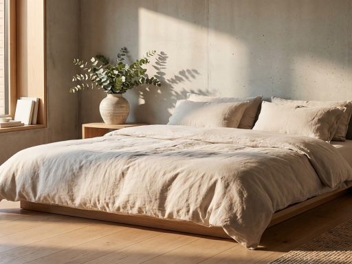 Rustige slaapkamer met zachte verlichting en minimalistische inrichting